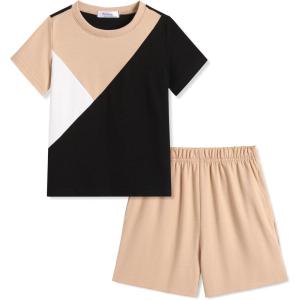 Arshiner Toddler Boy Summer Clothes Outfits Kids Colorblock Short Sleeve T-shirt Shorts Set 2-7 Years(Khaki)