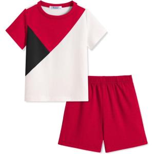 Arshiner Toddler Boy Summer Clothes Outfits Kids Colorblock Short Sleeve T-shirt Shorts Set 2-7 Years(Red)