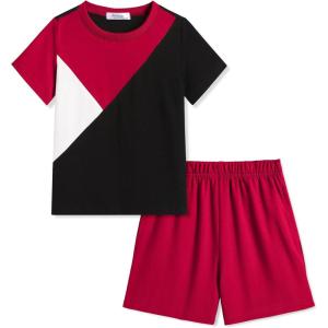Arshiner Toddler Boy Summer Clothes Outfits Kids Colorblock Short Sleeve T-shirt Shorts Set 2-7 Years(Wine Red)