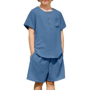 Arshiner Toddler Boy Summer Outfits Short Sleeve Henley T-Shirt & Shorts Set with Pocket for 2-8 Years Kids(Dark Blue)