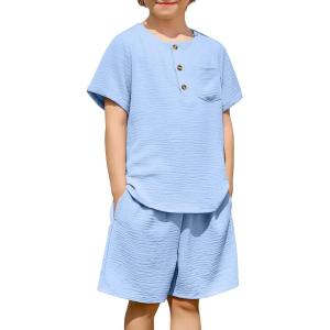 Arshiner Toddler Boy Summer Outfits Short Sleeve Henley T-Shirt & Shorts Set with Pocket for 2-8 Years Kids(Light Blue)