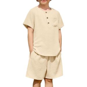 Arshiner Toddler Boy Summer Outfits Short Sleeve Henley T-Shirt & Shorts Set with Pocket for 2-8 Years Kids(Light Khaki)