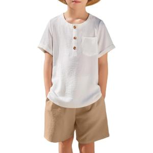 Arshiner Toddler Boy Summer Outfits Short Sleeve Henley T-Shirt & Shorts Set with Pocket for 2-8 Years Kids(White & Beige)
