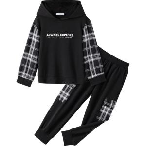 Arshiner Toddler Boys Plaid Shirt Tops Pants Set Hoodie Sweatsuit for Fall Winter Spring Outfits 2-8 Years(Black & Grey Plaid)