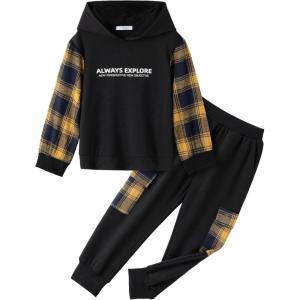 Arshiner Toddler Boys Plaid Shirt Tops Pants Set Hoodie Sweatsuit for Fall Winter Spring Outfits 2-8 Years(Black & Yellow Plaid)
