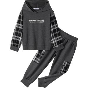 Arshiner Toddler Boys Plaid Shirt Tops Pants Set Hoodie Sweatsuit for Fall Winter Spring Outfits 2-8 Years(Grey & Grey Plaid)