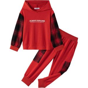 Arshiner Toddler Boys Plaid Shirt Tops Pants Set Hoodie Sweatsuit for Fall Winter Spring Outfits 2-8 Years(Red & Red Plaid)