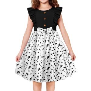 Arshiner Toddler Dress Girls Ruffle Sleeve Summer Dresses Cute Bow Tie Botton Down Party Sundress for 2-7 Years(Black Cow)
