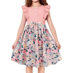 Arshiner Toddler Dress Girls Ruffle Sleeve Summer Dresses Cute Bow Tie Botton Down Party Sundress for 2-7 Years(Pink Flower)