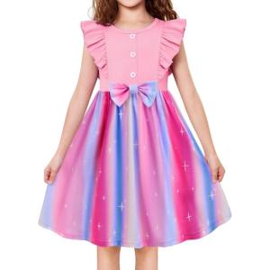 Arshiner Toddler Dress Girls Ruffle Sleeve Summer Dresses Cute Bow Tie Botton Down Party Sundress for 2-7 Years(Pink+rainbow)