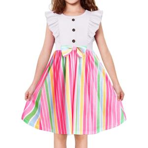 Arshiner Toddler Dress Girls Ruffle Sleeve Summer Dresses Cute Bow Tie Botton Down Party Sundress for 2-7 Years(White+rainbow)
