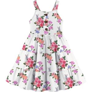 Arshiner Toddler Girl Summer Dresses Casual Sleeveless Button Down Swing Flowy Tiered Midi Sundress with Pockets(White Floral Rabbit)
