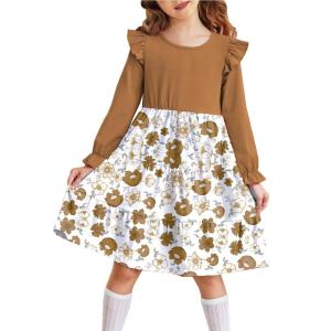 Arshiner Toddler Girls Dress Ruffle Long Sleeve Casual Tiered Swing Dresses with Pockets(Brown Flower 1)