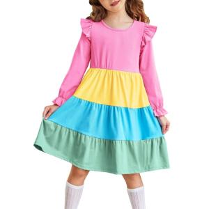 Arshiner Toddler Girls Dress Ruffle Long Sleeve Casual Tiered Swing Dresses with Pockets(Rainbow Color 1)