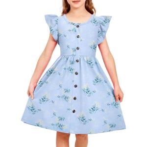 Arshiner Toddler Girls Dresses Flutter Sleeve Decorative Button Down A-line Sundress(Floral Blue)
