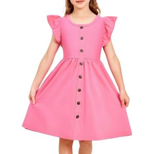 Arshiner Toddler Girls Dresses Flutter Sleeve Decorative Button Down A-line Sundress(Hot Pink)