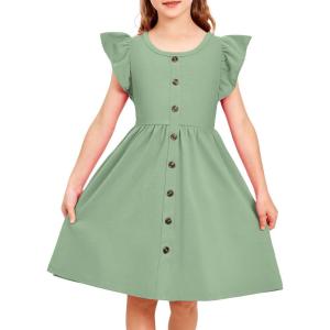 Arshiner Toddler Girls Dresses Flutter Sleeve Decorative Button Down A-line Sundress(Light Green)