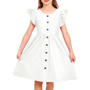 Arshiner Toddler Girls Dresses Flutter Sleeve Decorative Button Down A-line Sundress(White)