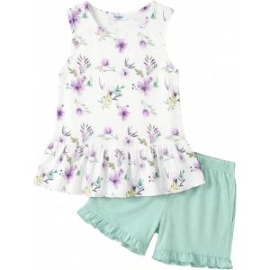 Arshiner Toddler Girls Summer Outfit Sleeveless Ruffle Top and Elastic Shorts Set Kids Short Set for 2-8 Years(Green Flower)
