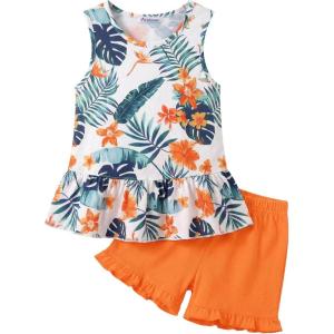 Arshiner Toddler Girls Summer Outfit Sleeveless Ruffle Top and Elastic Shorts Set Kids Short Set for 2-8 Years(Orange Flower)