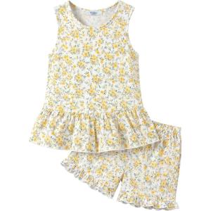 Arshiner Toddler Girls Summer Outfit Sleeveless Ruffle Top and Elastic Shorts Set Kids Short Set for 2-8 Years(Yellow Flower)