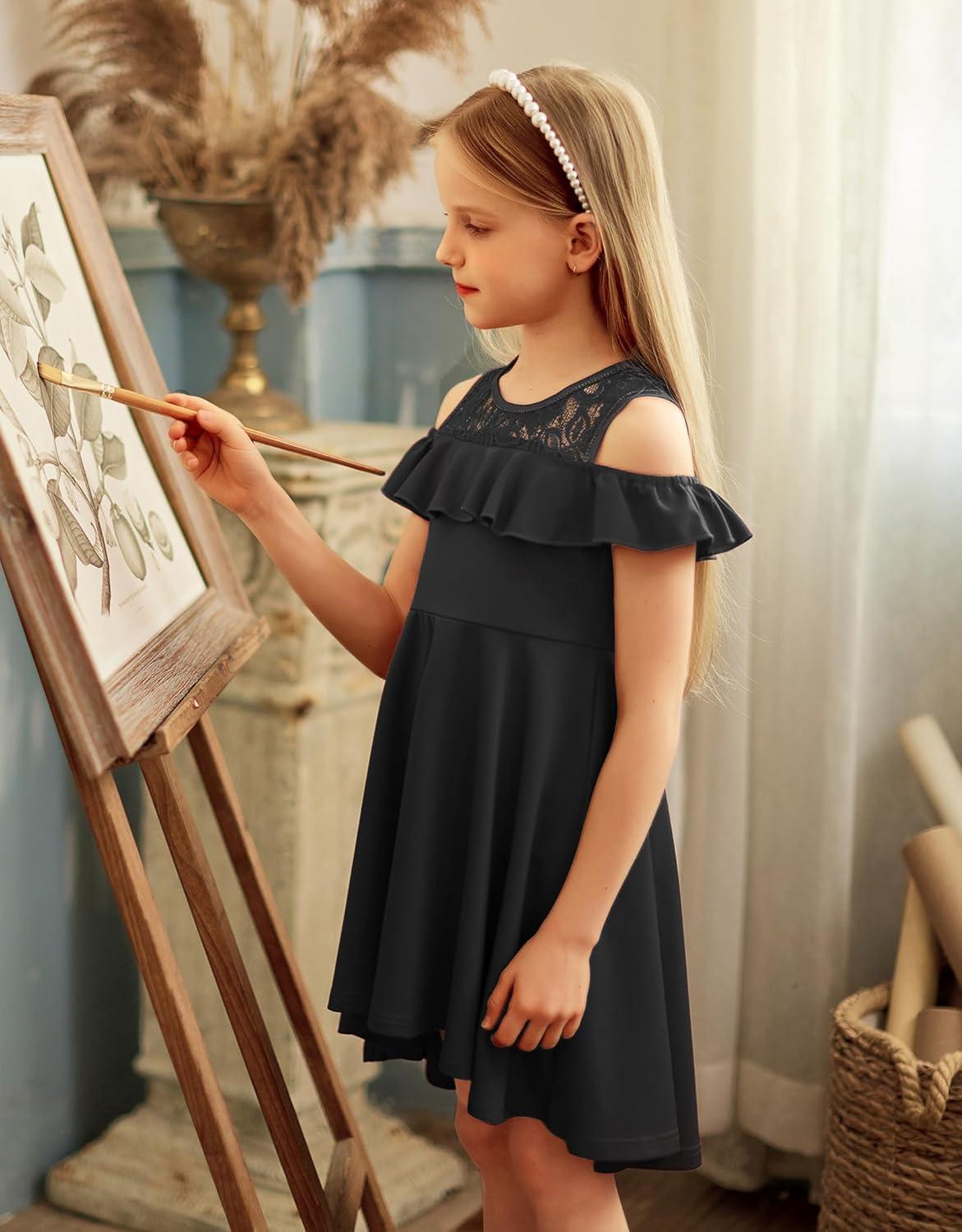 image:imageArshiner Girls Cold Shoulder Ruffle Trim ALined Lace Party Dress for Kids 512 Year