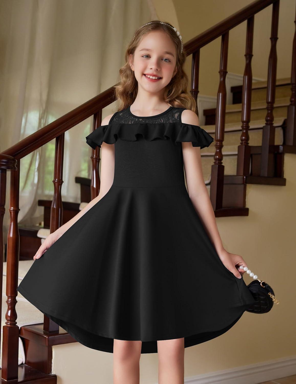 image:imageArshiner Girls Cold Shoulder Ruffle Trim ALined Lace Party Dress for Kids 512 Year