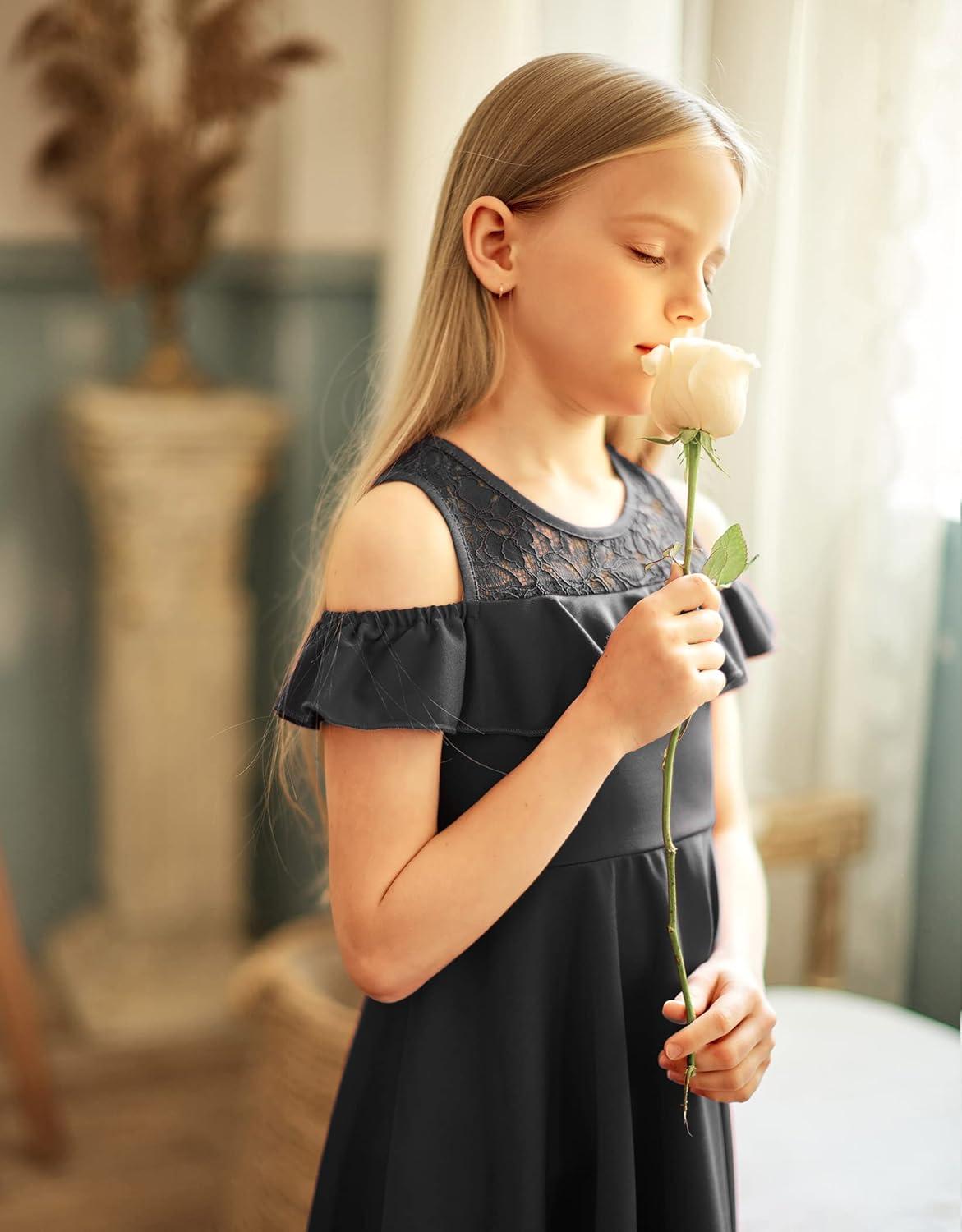 image:imageArshiner Girls Cold Shoulder Ruffle Trim ALined Lace Party Dress for Kids 512 Year