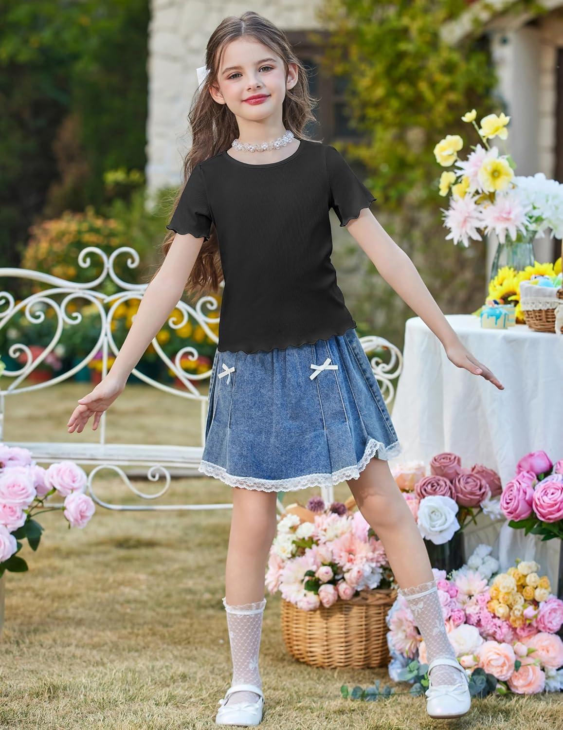 image:imageArshiner Girls Lettuce Trim Short Sleeve Shirts Summer Ribbed Knit Crewneck Casual T Shirt Tops Tee BlouseBlack