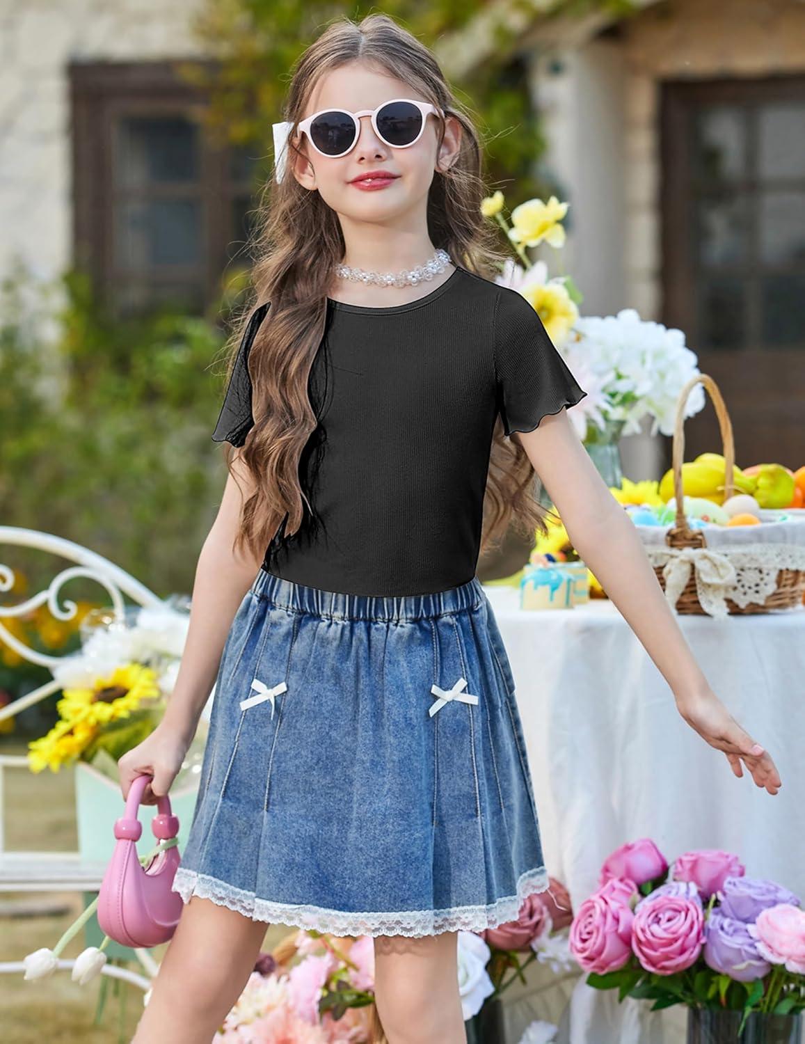 image:imageArshiner Girls Lettuce Trim Short Sleeve Shirts Summer Ribbed Knit Crewneck Casual T Shirt Tops Tee BlouseBlack