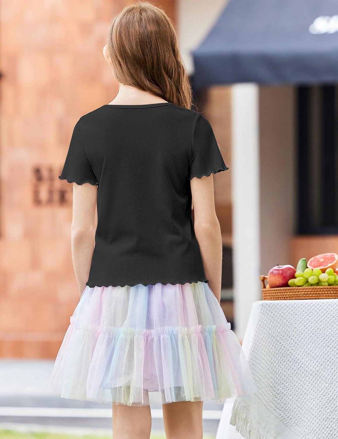 image:imageArshiner Girls Lettuce Trim Short Sleeve Shirts Summer Ribbed Knit Crewneck Casual T Shirt Tops Tee BlouseBlack