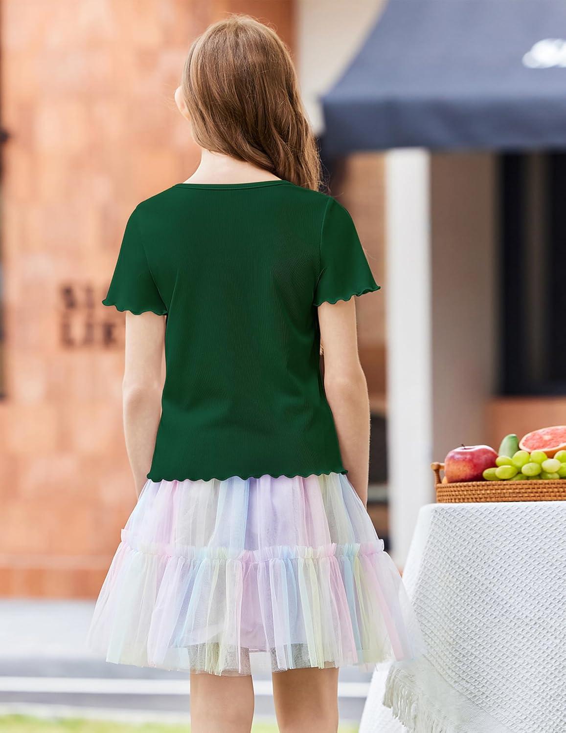 image:imageArshiner Girls Lettuce Trim Short Sleeve Shirts Summer Ribbed Knit Crewneck Casual T Shirt Tops Tee BlouseGreen