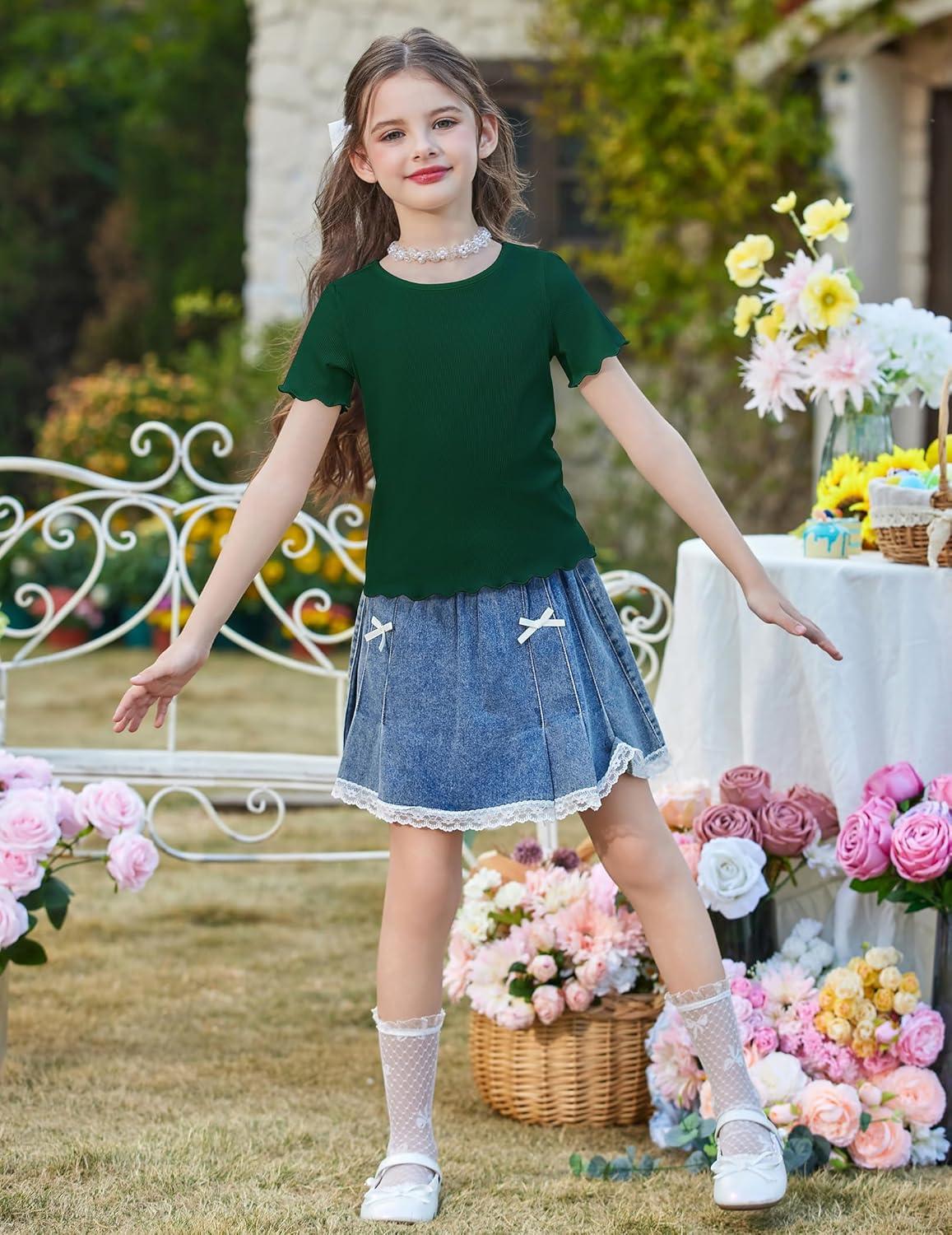 image:imageArshiner Girls Lettuce Trim Short Sleeve Shirts Summer Ribbed Knit Crewneck Casual T Shirt Tops Tee BlouseGreen