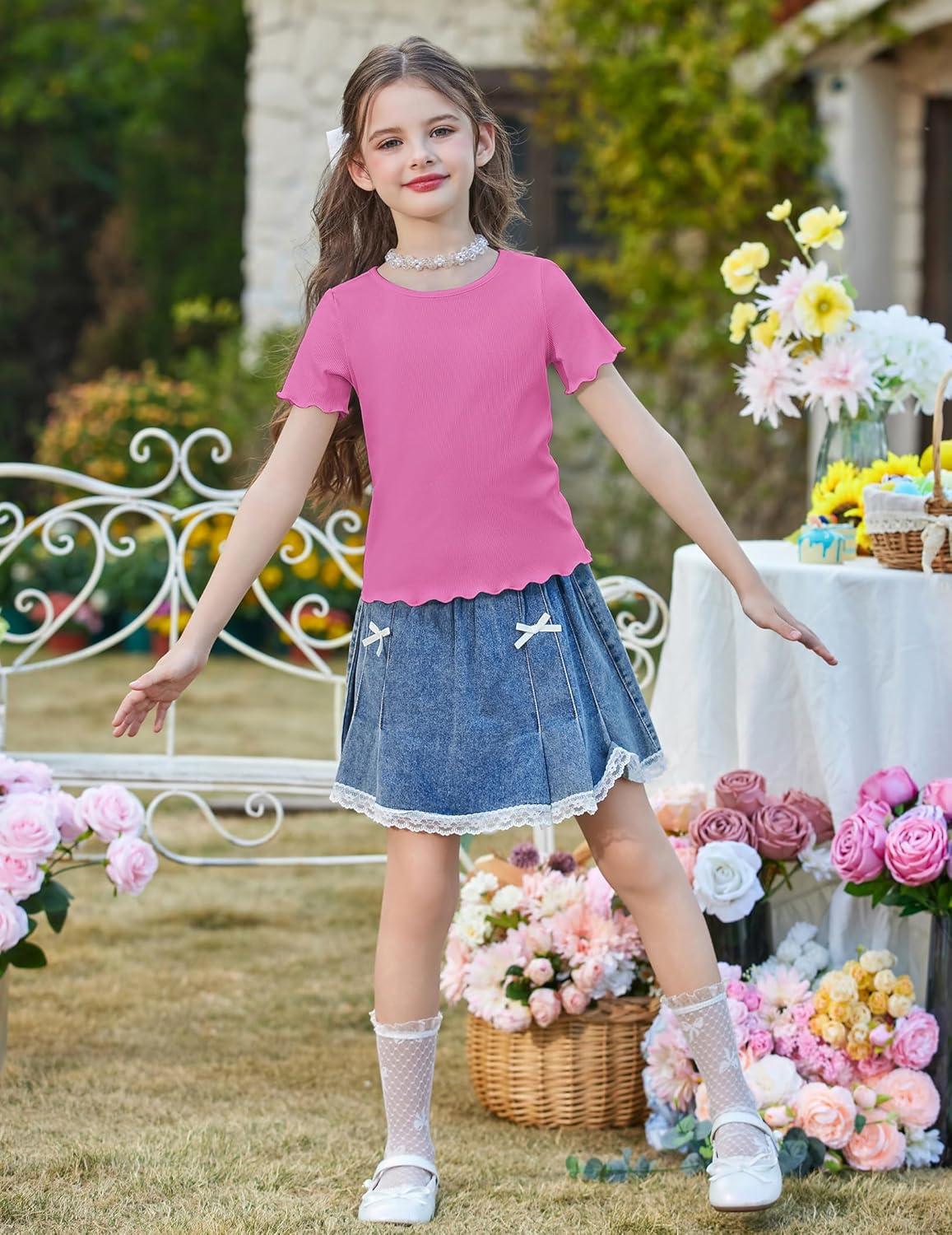image:imageArshiner Girls Lettuce Trim Short Sleeve Shirts Summer Ribbed Knit Crewneck Casual T Shirt Tops Tee BlouseHot Pink