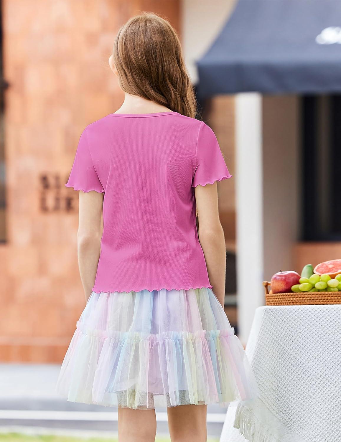 image:imageArshiner Girls Lettuce Trim Short Sleeve Shirts Summer Ribbed Knit Crewneck Casual T Shirt Tops Tee BlouseHot Pink