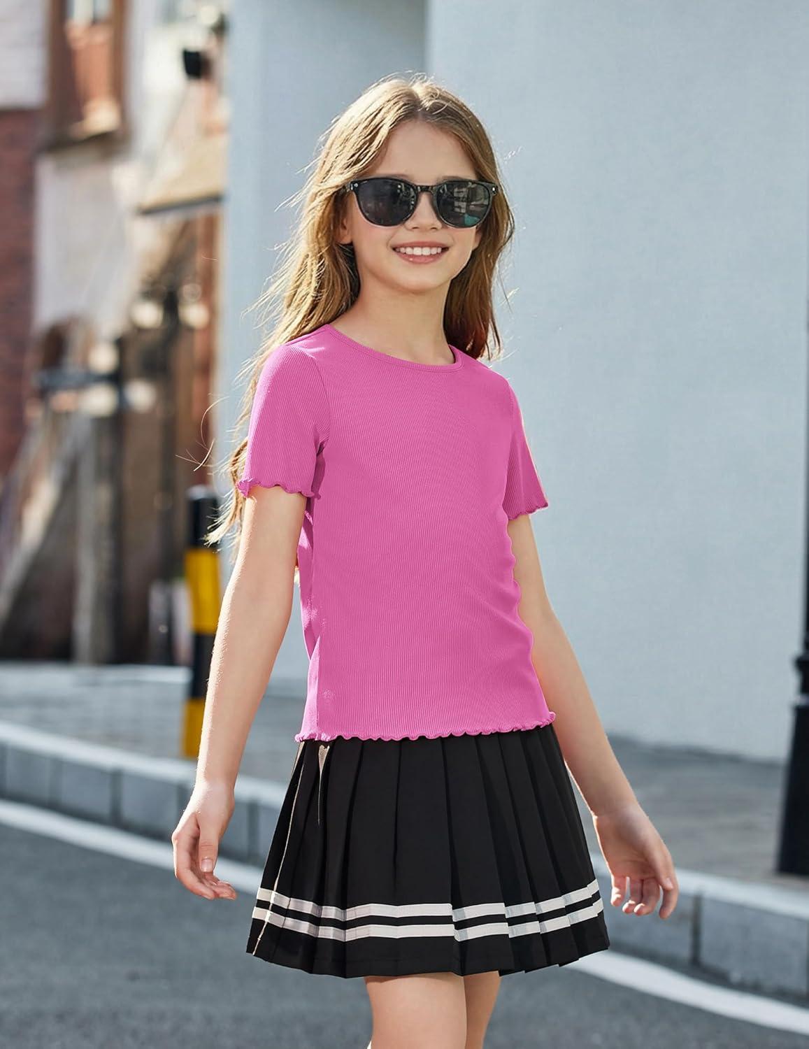 image:imageArshiner Girls Lettuce Trim Short Sleeve Shirts Summer Ribbed Knit Crewneck Casual T Shirt Tops Tee BlouseHot Pink