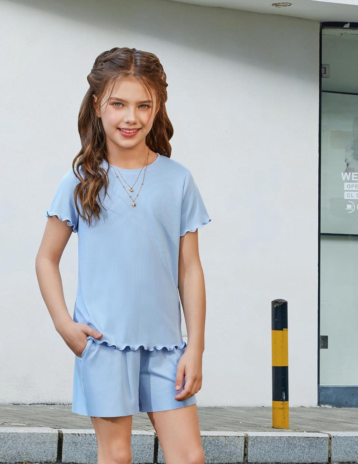 image:imageArshiner Girls Lettuce Trim Short Sleeve Shirts Summer Ribbed Knit Crewneck Casual T Shirt Tops Tee BlouseLight Blue