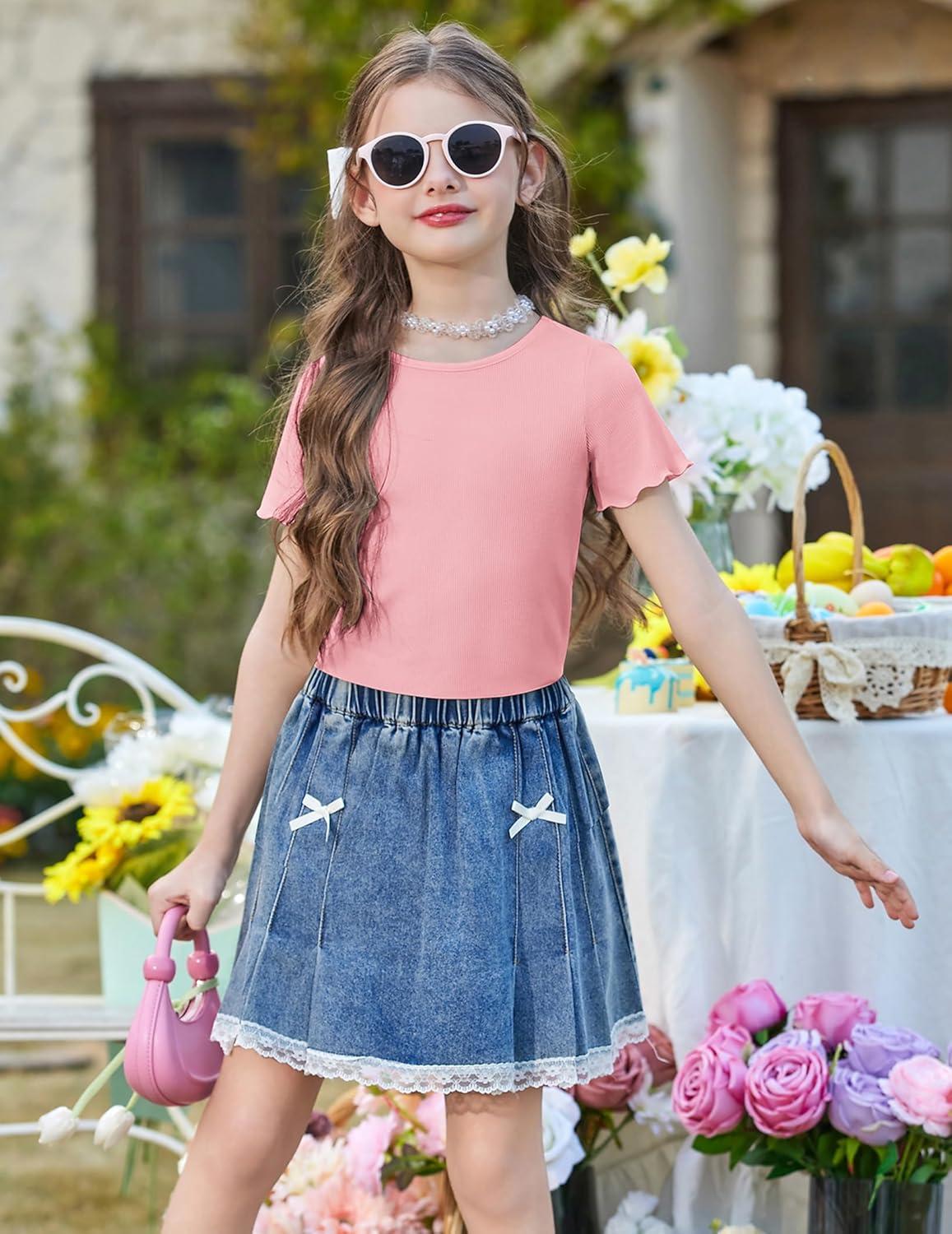 image:imageArshiner Girls Lettuce Trim Short Sleeve Shirts Summer Ribbed Knit Crewneck Casual T Shirt Tops Tee BlouseLight Pink