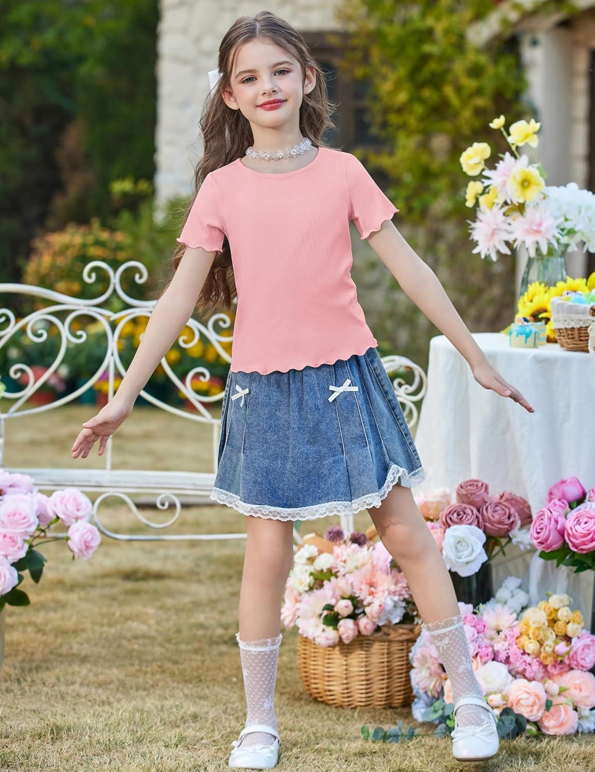 image:imageArshiner Girls Lettuce Trim Short Sleeve Shirts Summer Ribbed Knit Crewneck Casual T Shirt Tops Tee BlouseLight Pink