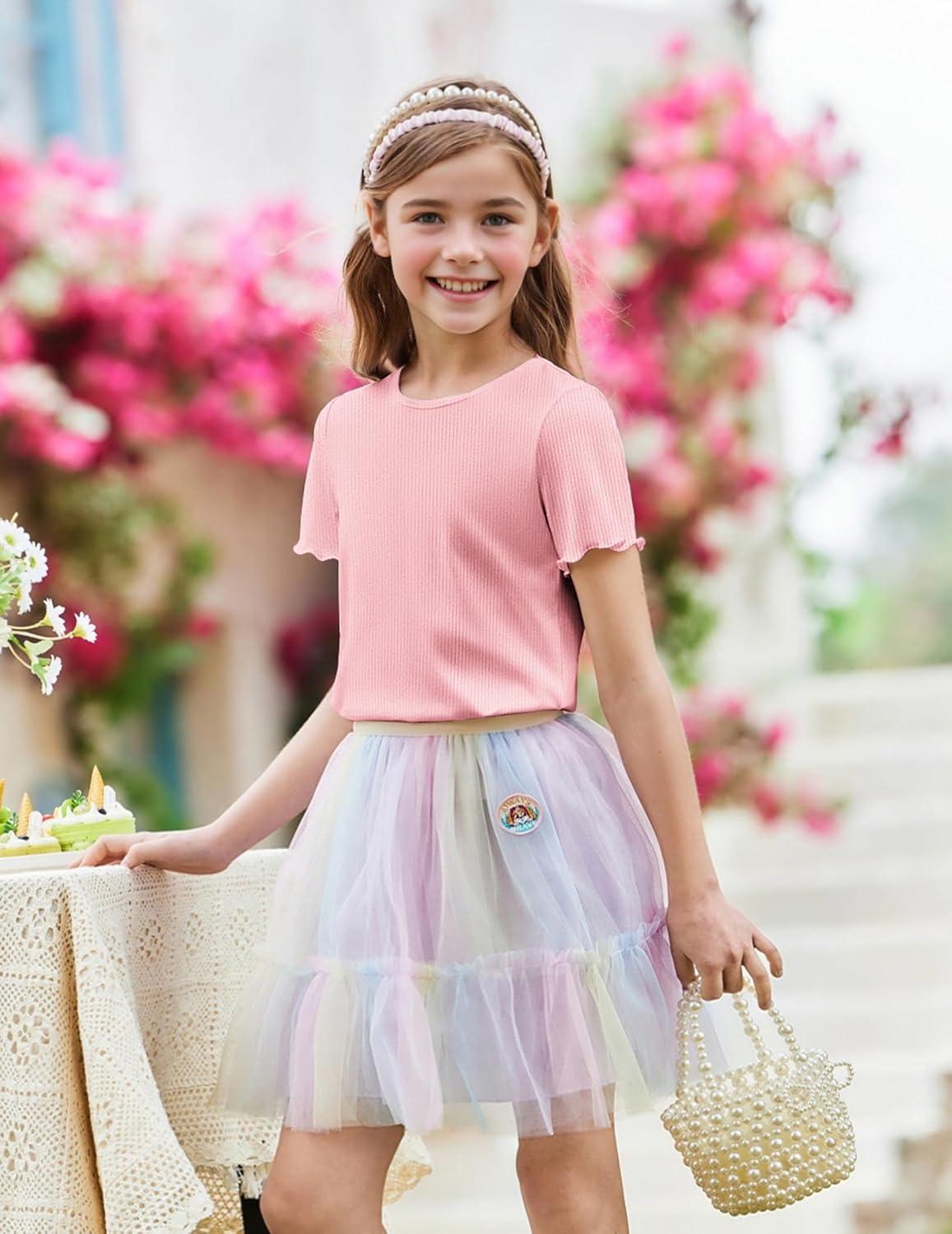 image:imageArshiner Girls Lettuce Trim Short Sleeve Shirts Summer Ribbed Knit Crewneck Casual T Shirt Tops Tee BlouseLight Pink