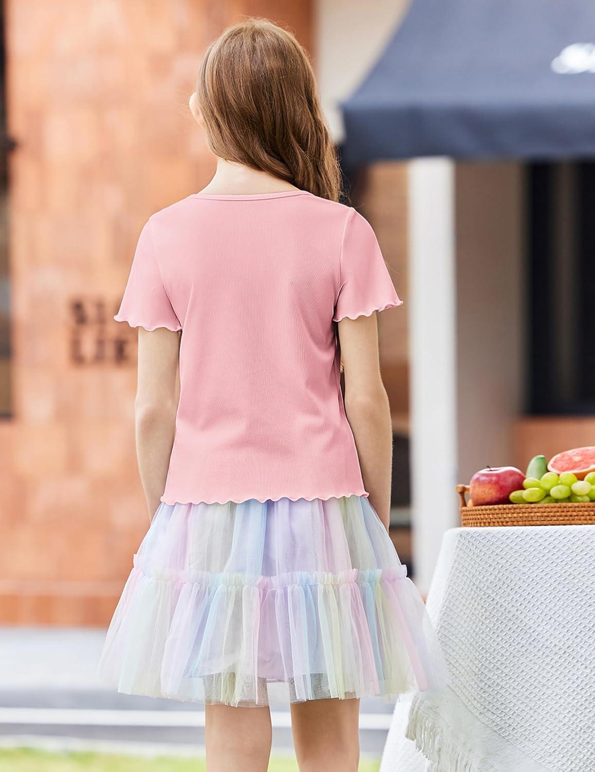 image:imageArshiner Girls Lettuce Trim Short Sleeve Shirts Summer Ribbed Knit Crewneck Casual T Shirt Tops Tee BlouseLight Pink