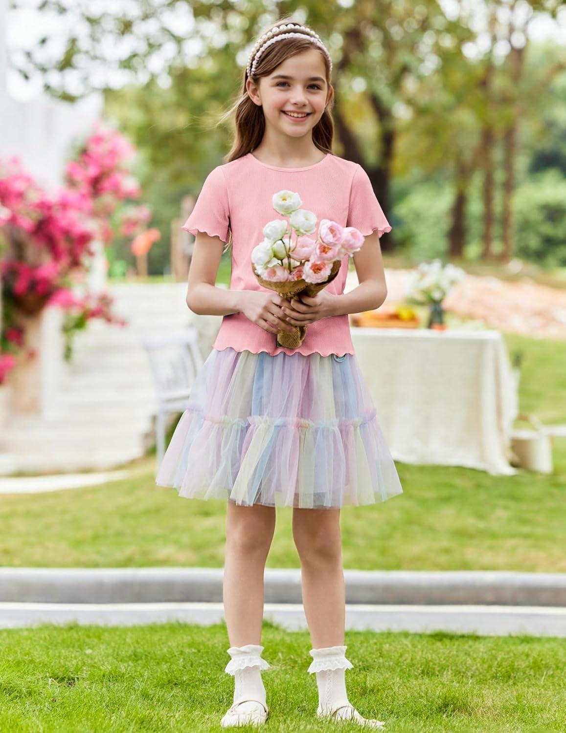 image:imageArshiner Girls Lettuce Trim Short Sleeve Shirts Summer Ribbed Knit Crewneck Casual T Shirt Tops Tee BlouseLight Pink