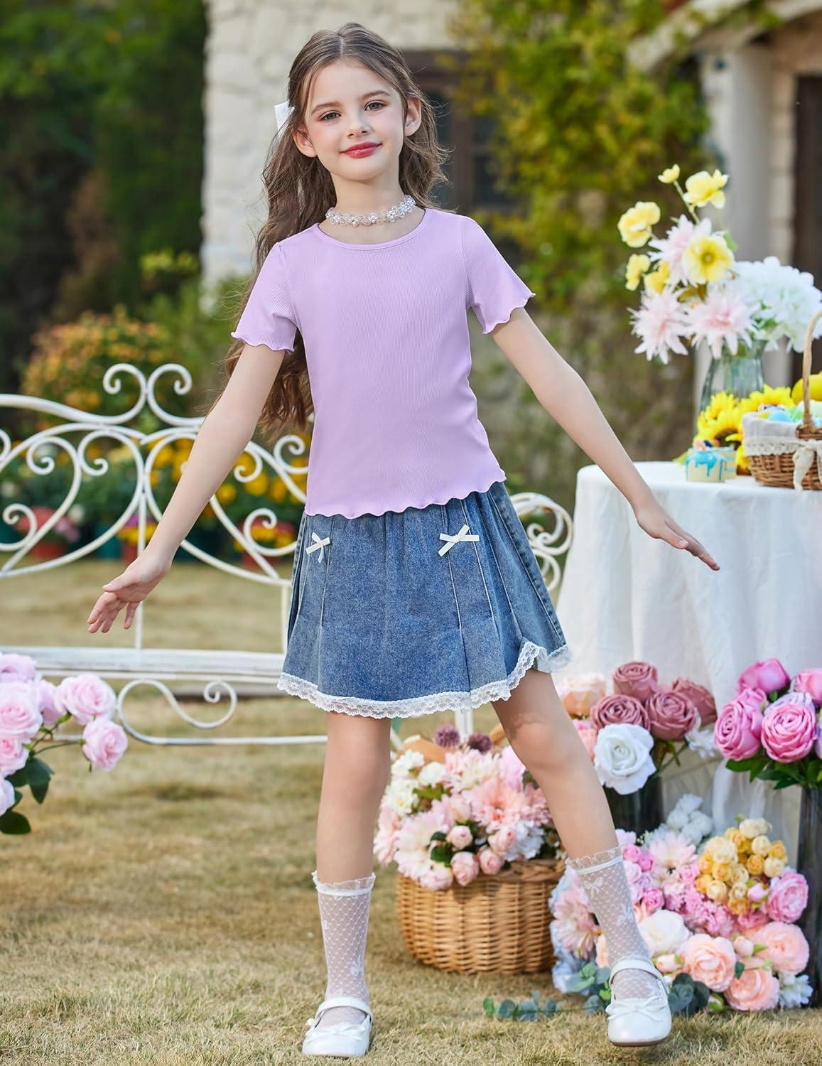 image:imageArshiner Girls Lettuce Trim Short Sleeve Shirts Summer Ribbed Knit Crewneck Casual T Shirt Tops Tee BlousePurple