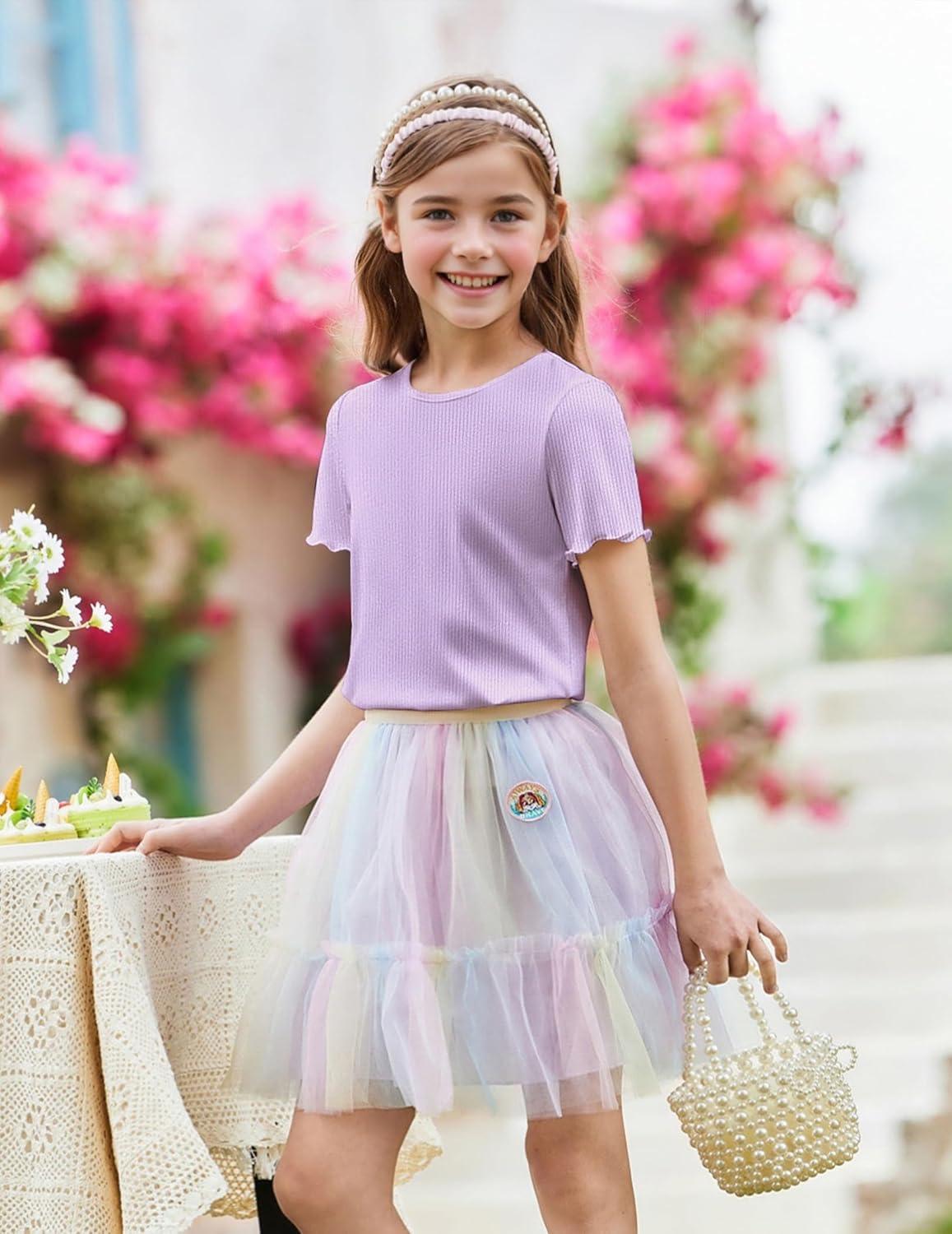 image:imageArshiner Girls Lettuce Trim Short Sleeve Shirts Summer Ribbed Knit Crewneck Casual T Shirt Tops Tee BlousePurple