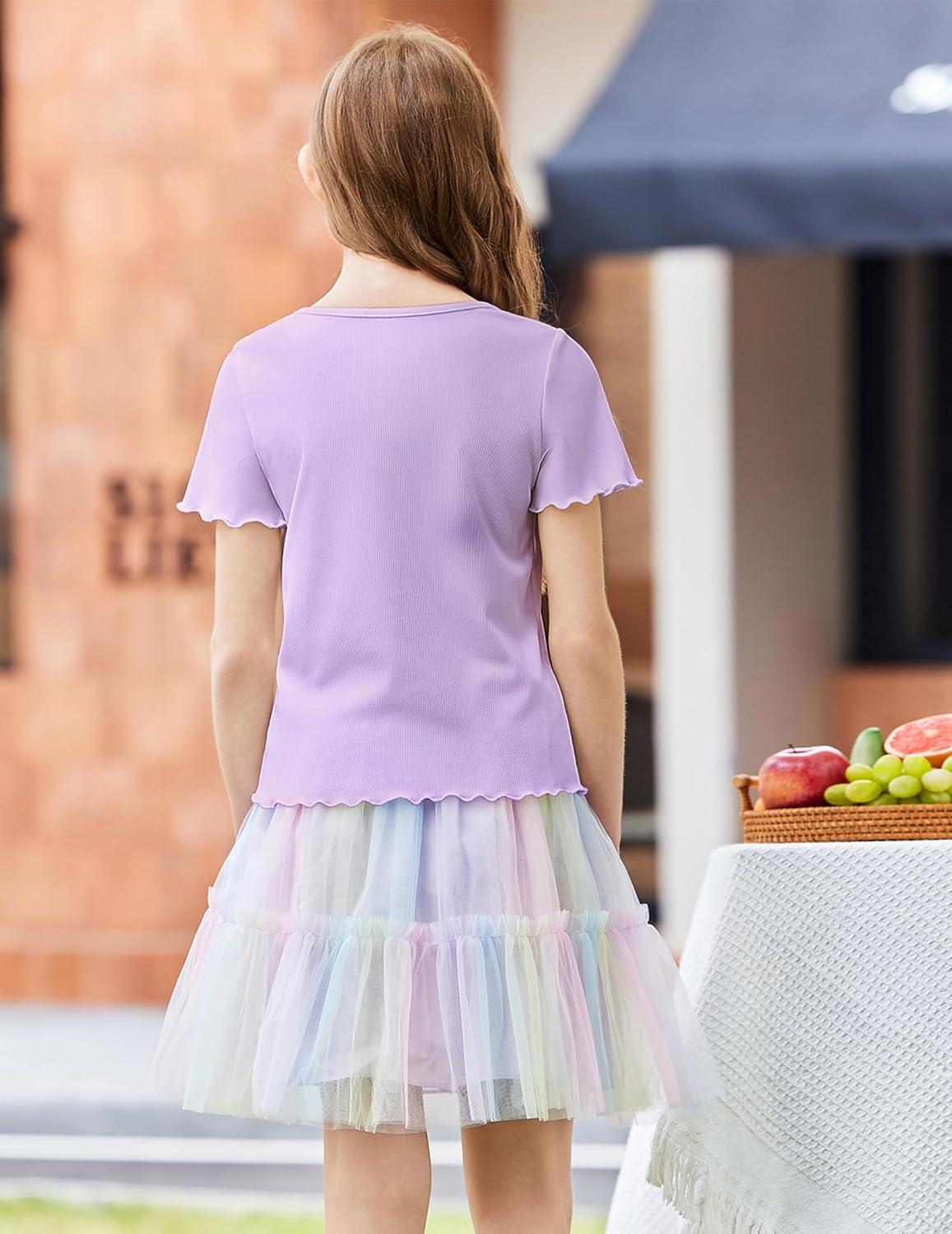 image:imageArshiner Girls Lettuce Trim Short Sleeve Shirts Summer Ribbed Knit Crewneck Casual T Shirt Tops Tee BlousePurple