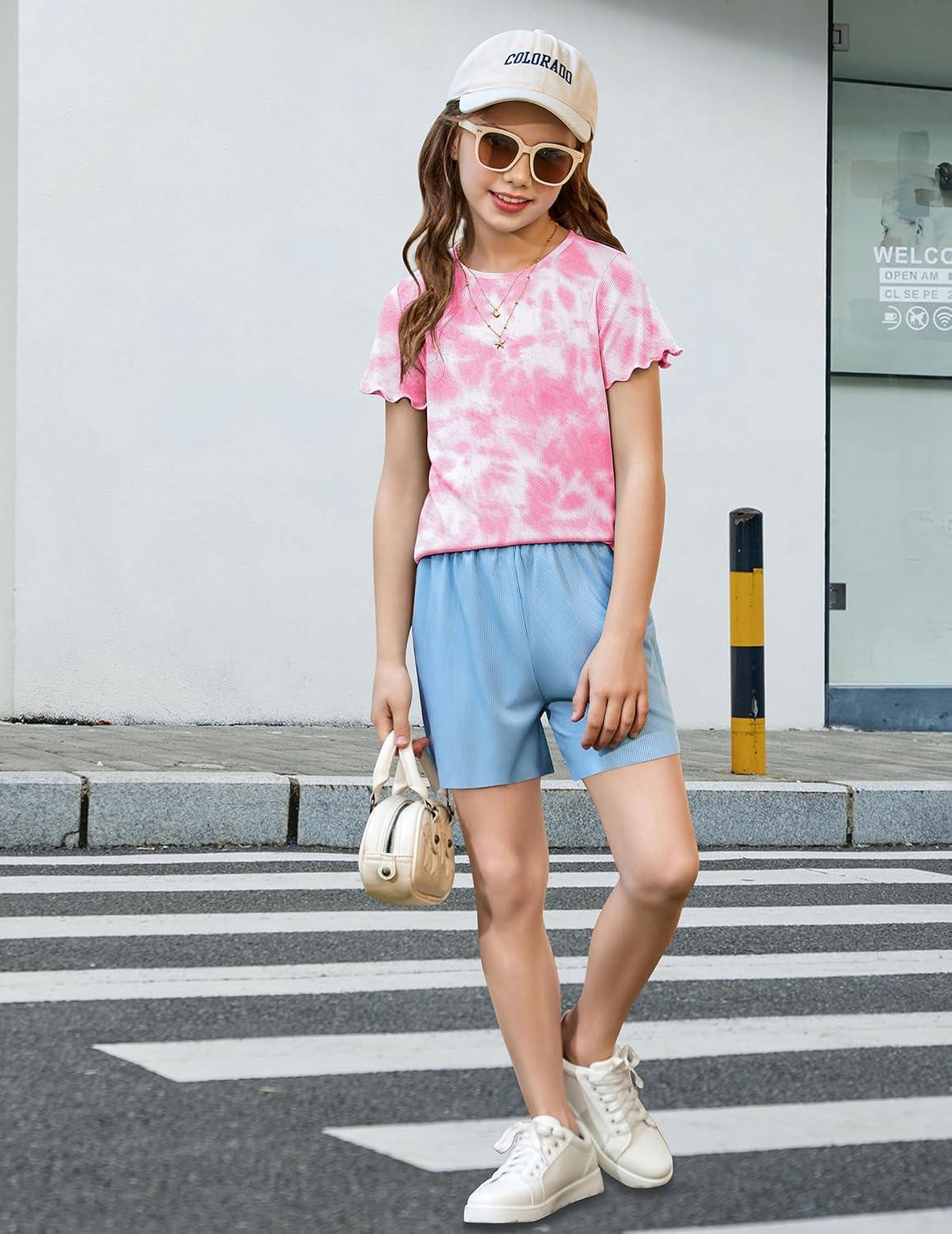 image:imageArshiner Girls Lettuce Trim Short Sleeve Shirts Summer Ribbed Knit Crewneck Casual T Shirt Tops Tee BlouseTie Dye Pink