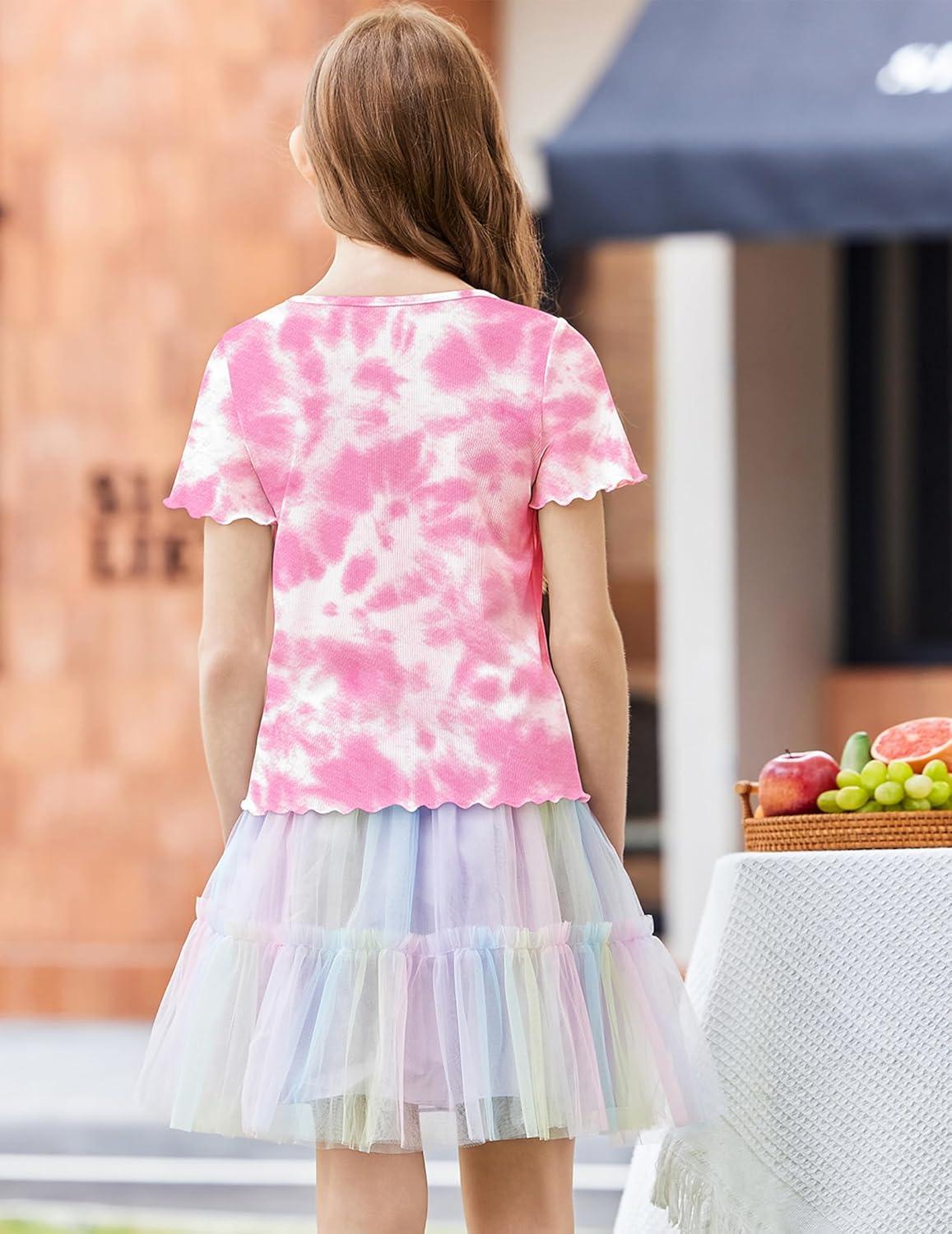 image:imageArshiner Girls Lettuce Trim Short Sleeve Shirts Summer Ribbed Knit Crewneck Casual T Shirt Tops Tee BlouseTie Dye Pink