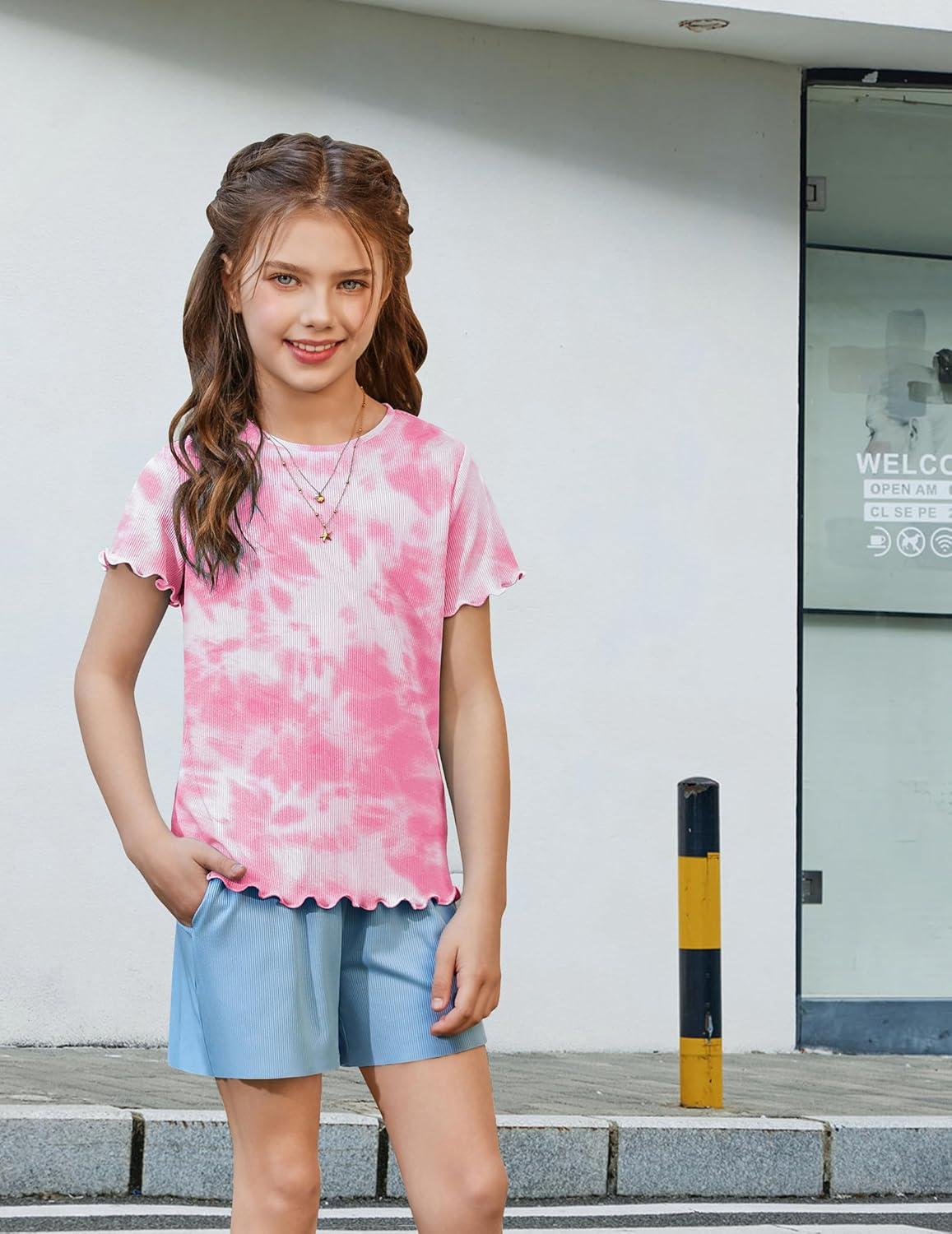 image:imageArshiner Girls Lettuce Trim Short Sleeve Shirts Summer Ribbed Knit Crewneck Casual T Shirt Tops Tee BlouseTie Dye Pink