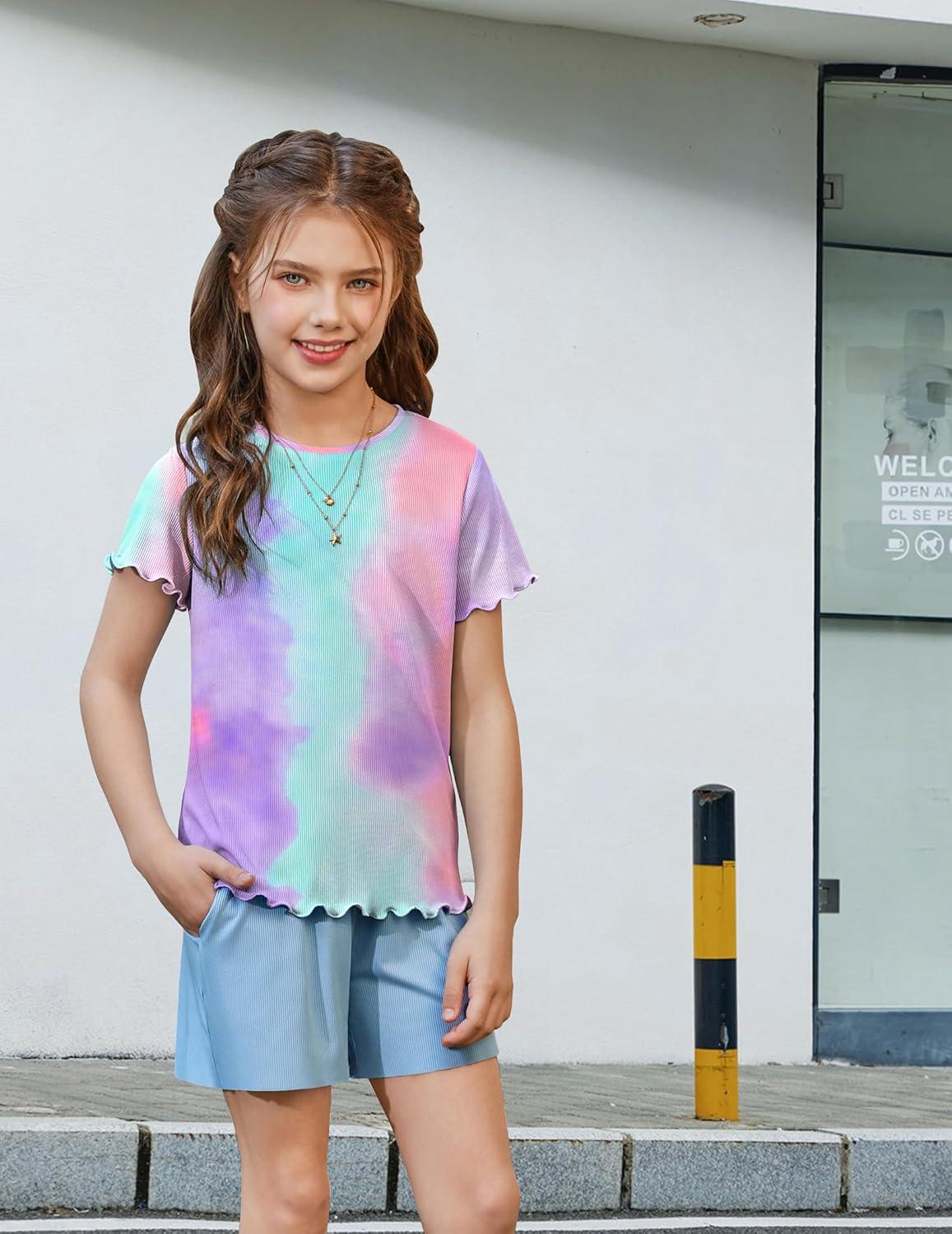 image:imageArshiner Girls Lettuce Trim Short Sleeve Shirts Summer Ribbed Knit Crewneck Casual T Shirt Tops Tee BlouseTie Dye Purple