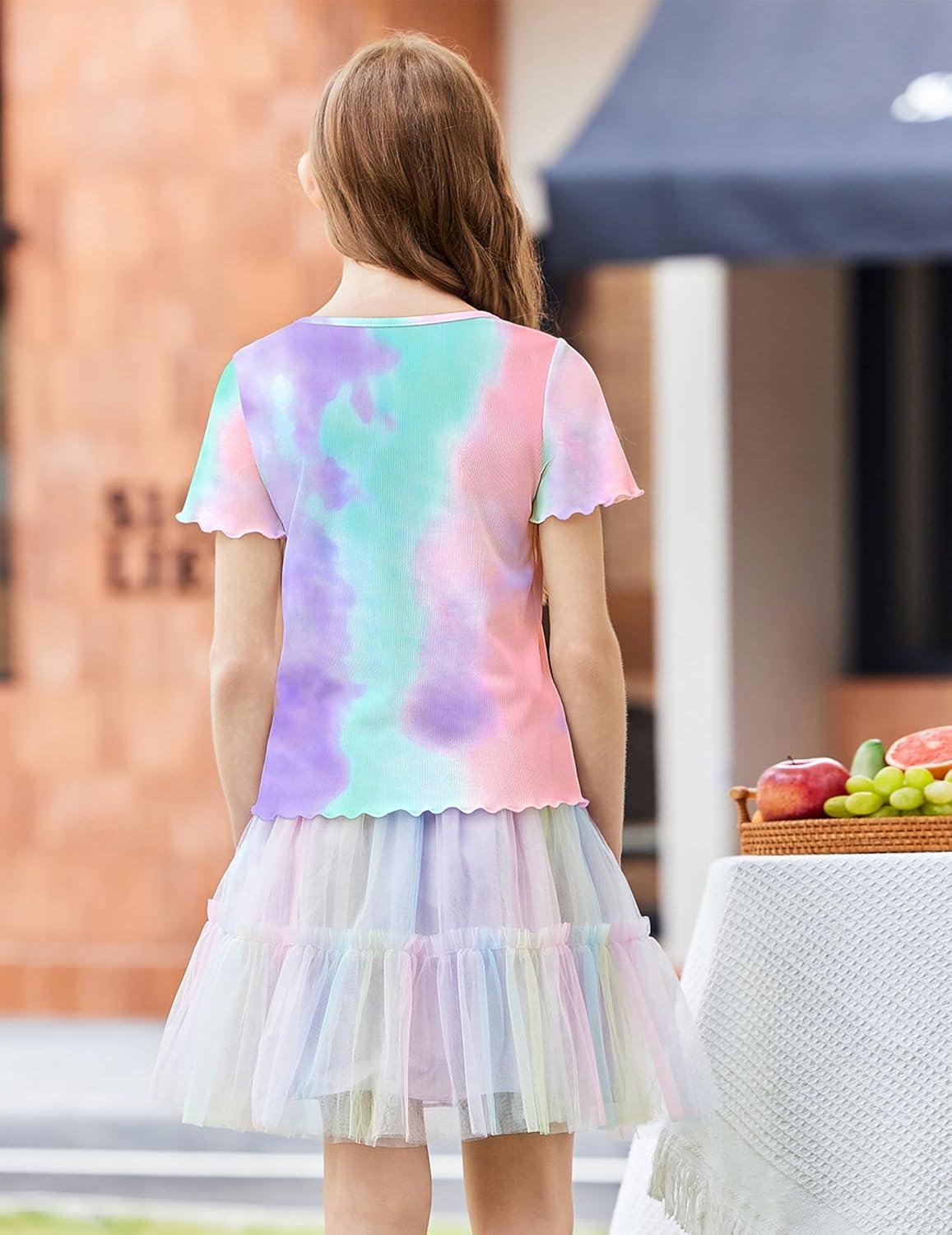 image:imageArshiner Girls Lettuce Trim Short Sleeve Shirts Summer Ribbed Knit Crewneck Casual T Shirt Tops Tee BlouseTie Dye Purple